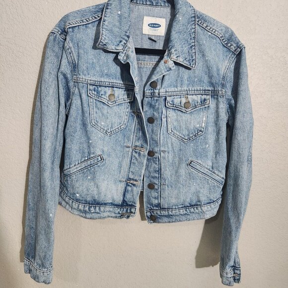 Old Navy Denim Jacket Womens Small Blue Jean Button Up Distressed Paint Splatter - Picture 1 of 14